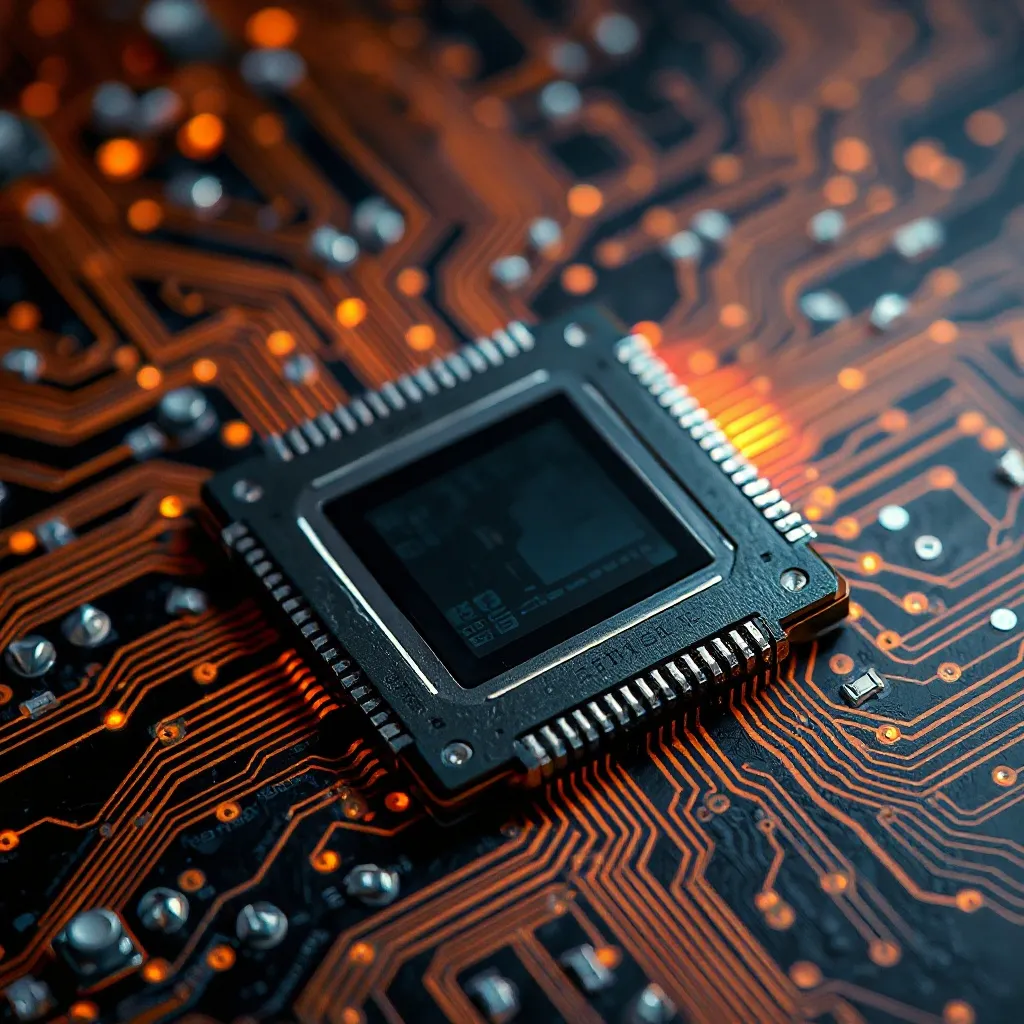 Close-up of a high-tech microprocessor on a black circuit bo