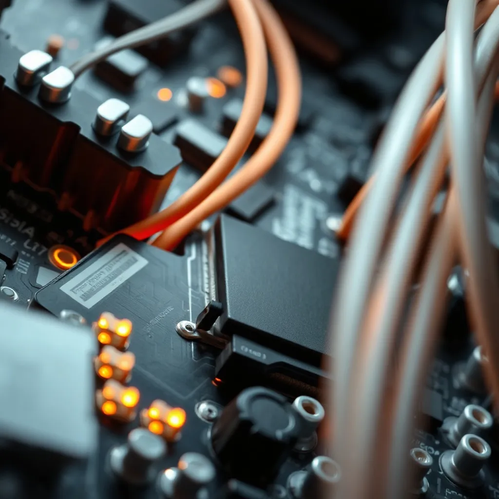 Technical close-up of complex circuit board with fiber optic