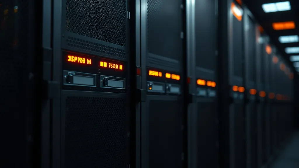 Close-up of a high-tech server rack with glowing orange stat